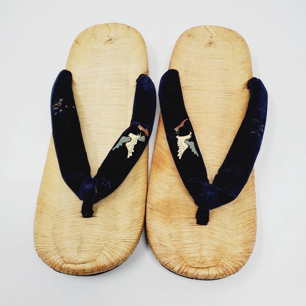 Vintage Japanese Straw Geta Seta Black Suede Straps Sandals One Size Slippers